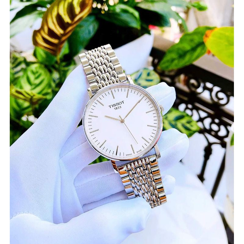 Tissot T Classic Everytime Large White Dial Silver Steel Strap Watch for Men - T109.610.11.031.00