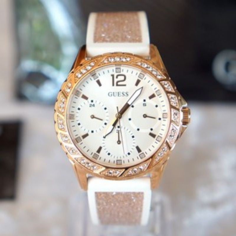 Guess Swirl Quartz Silver Dial White Rubber Strap Watch For Women - W1096l2