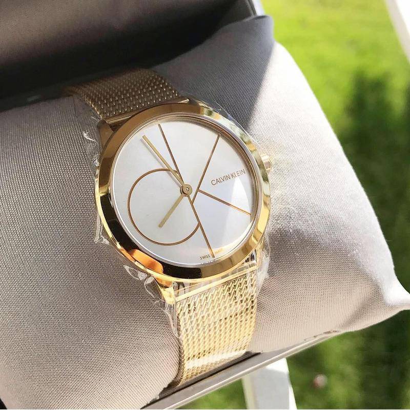 Calvin Klein Minimal Silver Dial Gold Mesh Bracelet Watch for Women - K3M22526