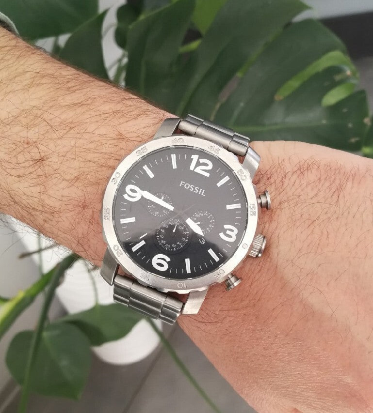 Fossil Nate Chronograph Black Dial Silver Steel Strap Watch for Men - JR1353