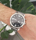 Fossil Nate Chronograph Black Dial Silver Steel Strap Watch for Men - JR1353