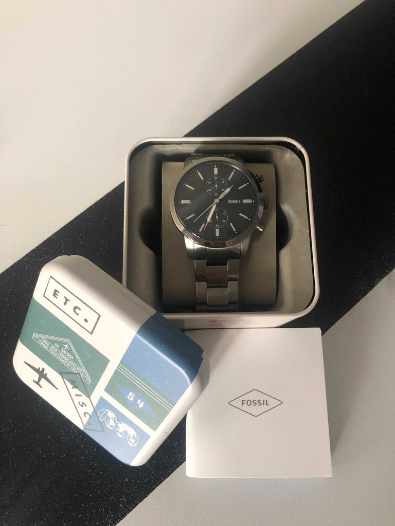 Fossil Townsman Chronograph Black Dial Silver Steel Strap Watch for Men - FS5349