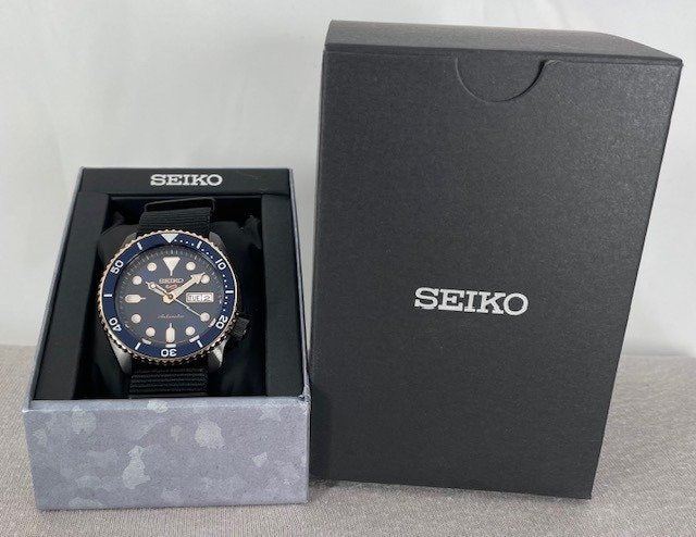 Seiko 5 Sports SBSA098 Automatic Men's Watch – Blue Dial & Black NATO Strap