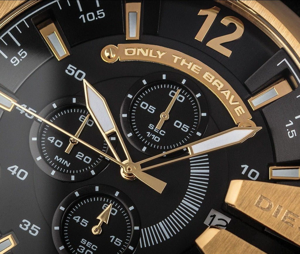 Diesel Mega Chief Chronograph Black Dial Black Leather Strap Watch For Men - DZ4344