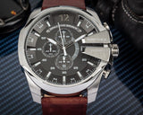 Diesel Mega Chief Chronograph Black Dial Brown Leather Strap Watch For Men - DZ4290
