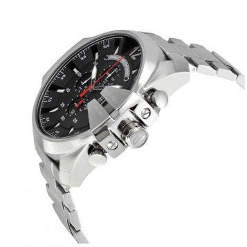 Diesel Mega Chief Chronograph Black Dial Silver Steel Strap Watch For Men - DZ4308
