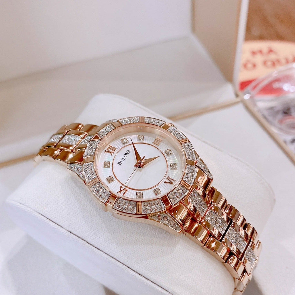 Bulova Crystal Mother of Pearl Dial Rose Gold Steel Strap Watch for Women - 98L197