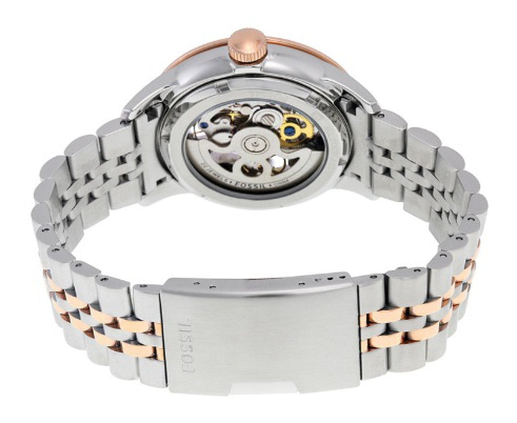 Fossil Townsman Automatic Skeleton White Dial Two Tone Steel Strap Watch for Men - ME3075