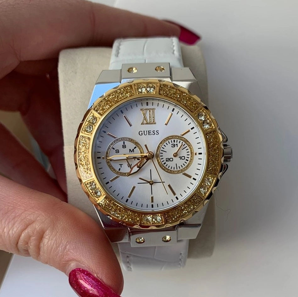 Guess Limelight Quartz Silver Dial White Leather Strap Watch For Women - W0775l8
