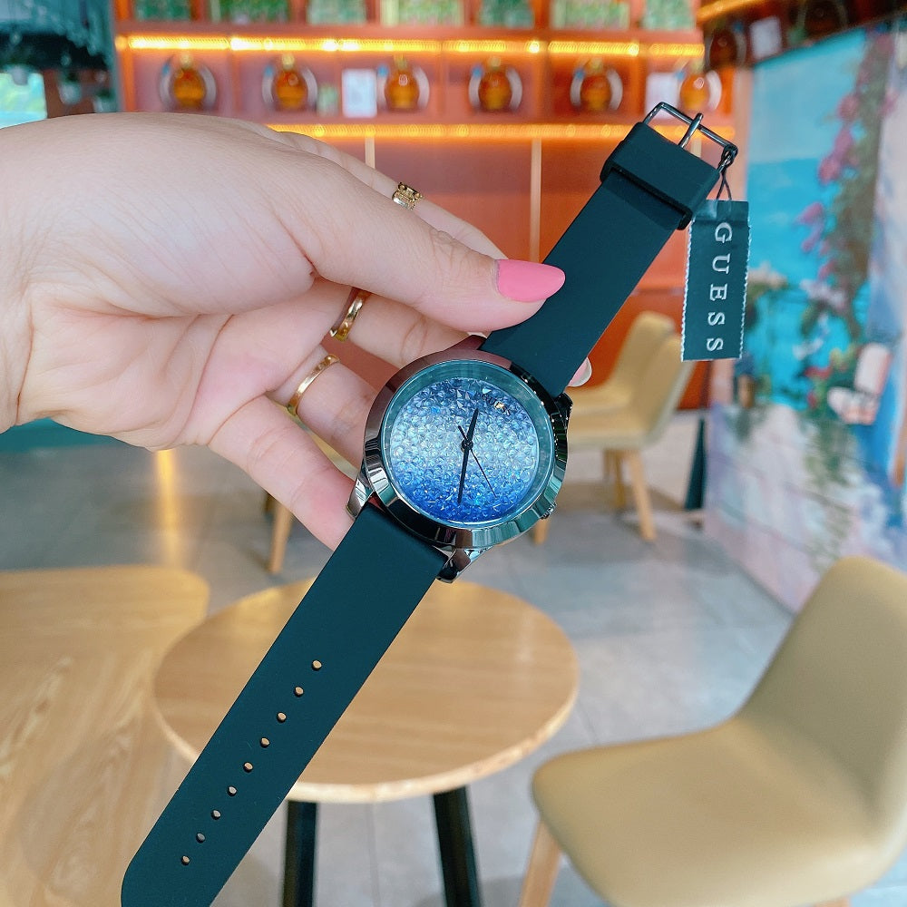 Guess Crush Crystals Silver Dial Black Rubber Strap Watch for Women - W1223L4