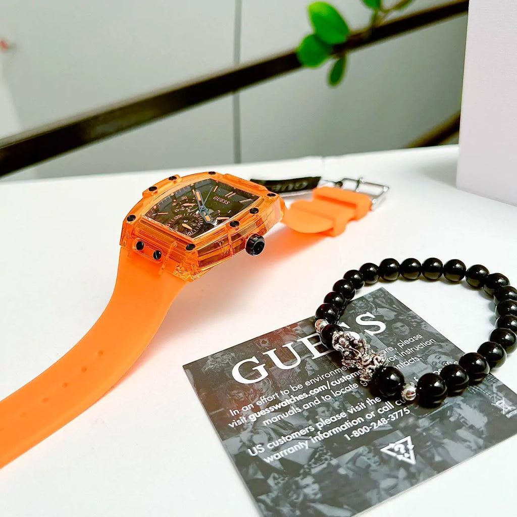 Guess GW0203G10 Phoenix Multifunction Men’s Watch – Black Dial & Orange Rubber Strap