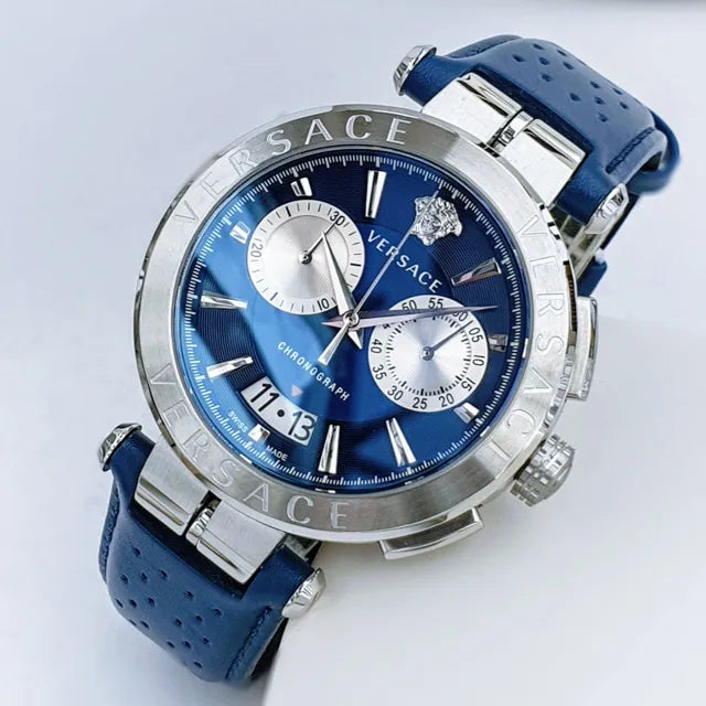 Versace Aion Chronograph Blue Dial Blue Leather Strap Watch for Men - VE1D01220