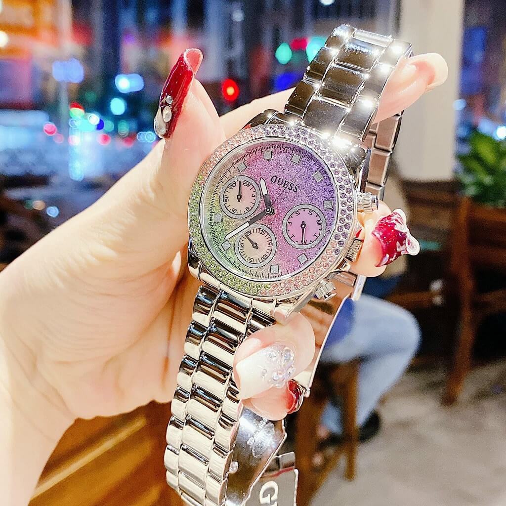 Guess GW0483L1 Sol Chronograph Women's Watch – Multicolor Crystal Dial & Silver Steel Bracelet