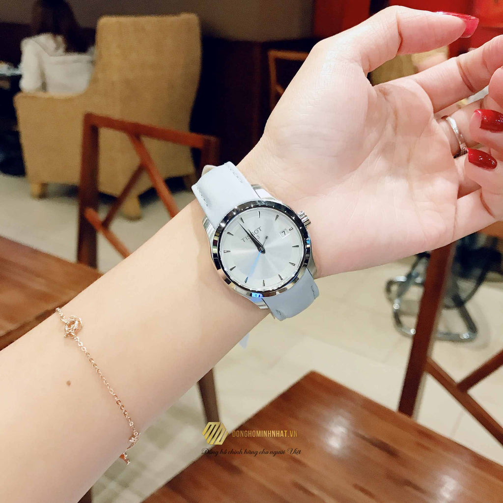Tissot T Classic Couturier Silver Dial Light Blue Leather Strap Watch For Women - T035.210.16.031.02