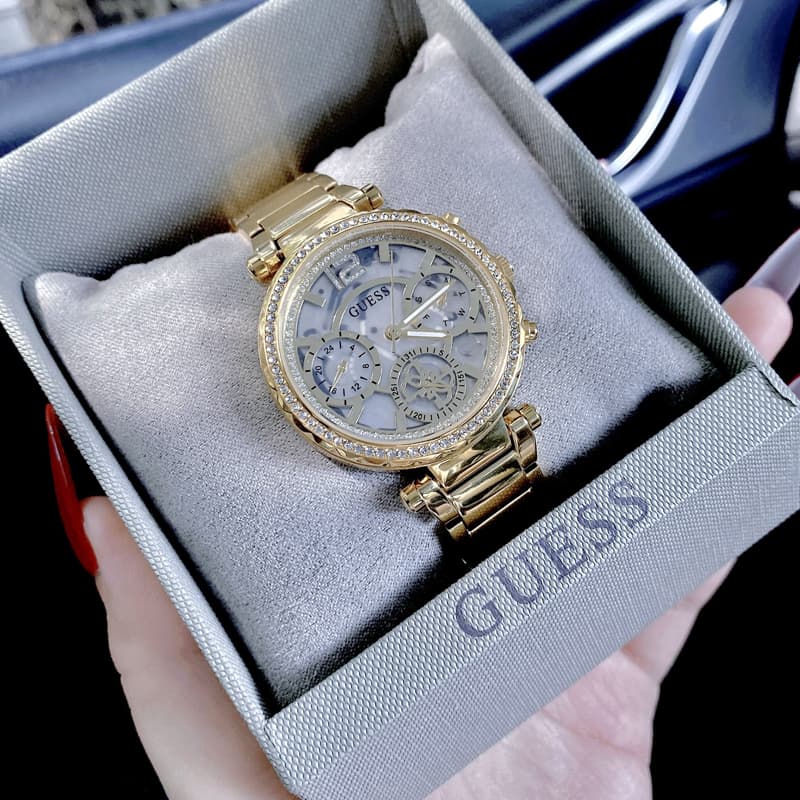 Guess Solstice Diamonds Gold Dial Gold Steel Strap Watch for Women - GW0403L2