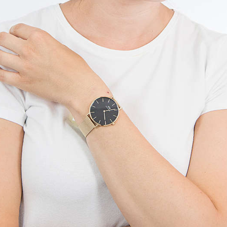 Daniel Wellington Petite Evergold Black Dial Gold Mesh Strap Watch For Women - DW00100345
