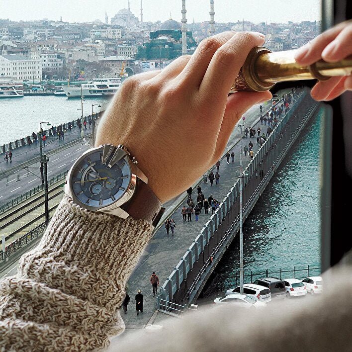 Diesel Mega Chief Chronograph Blue Dial Brown Leather Strap Watch For Men - DZ4281