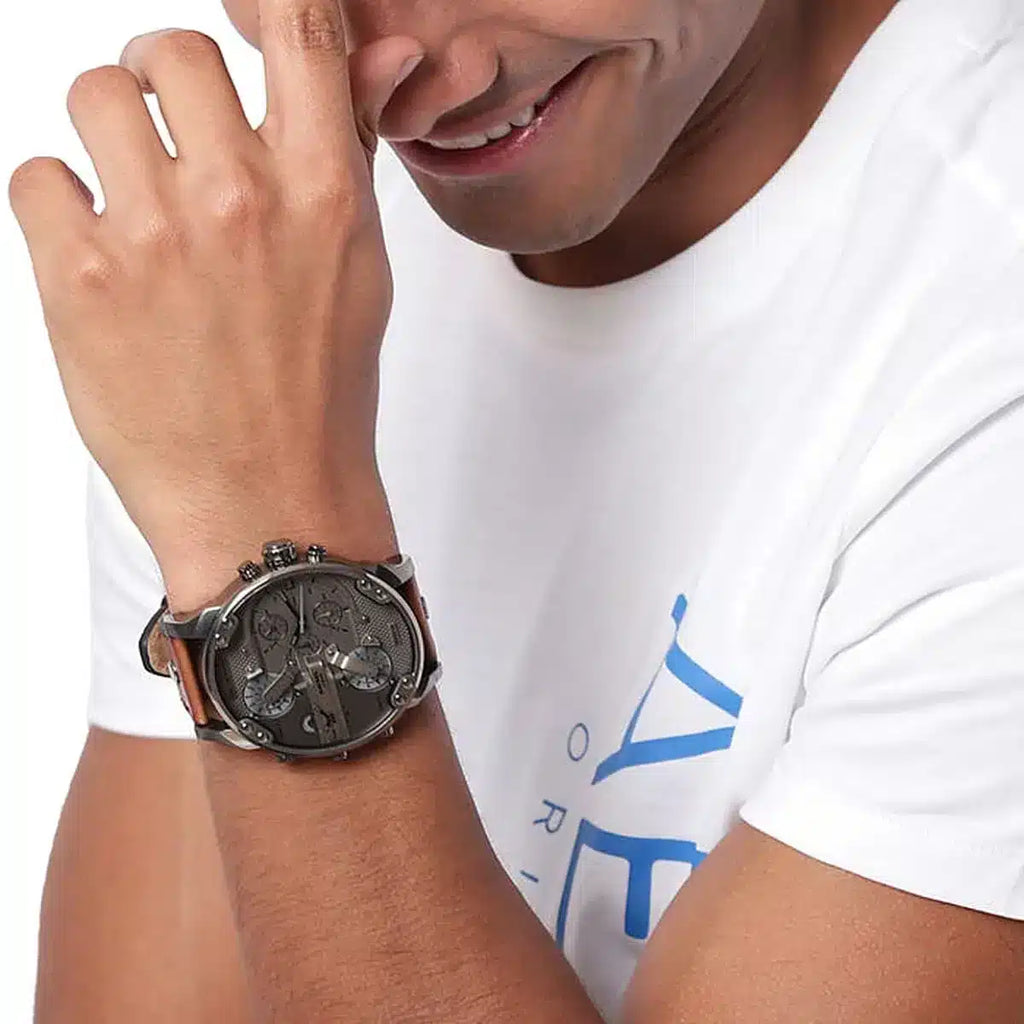 Diesel Mr Daddy Chronograph Grey Dial Brown Leather Strap Watch For Men - DZ7413