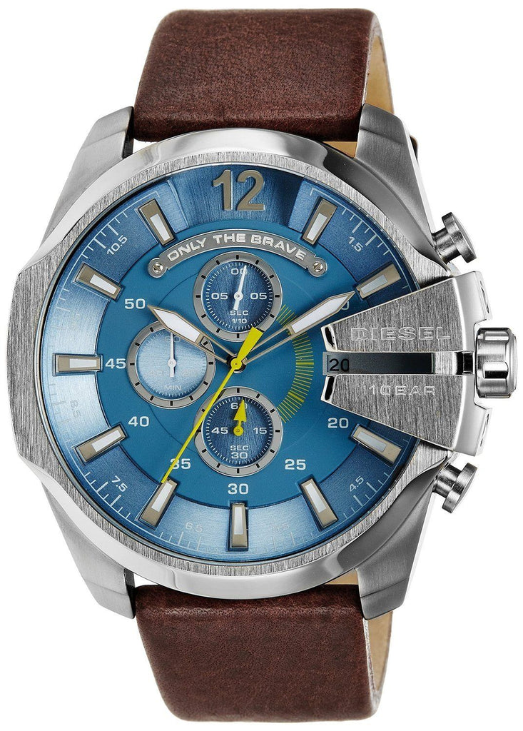 Diesel Mega Chief Chronograph Blue Dial Brown Leather Strap Watch For Men - DZ4281