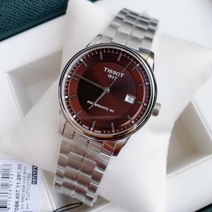 Tissot Luxury Powermatic 80 Brown Dial Silver Steel Strap Watch For Men - T086.407.11.291.00