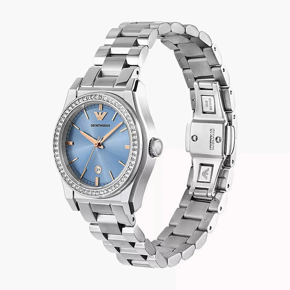 Emporio Armani Federica Three-Hand Date Blue Dial Silver Steel Strap Watch For Women - AR11593
