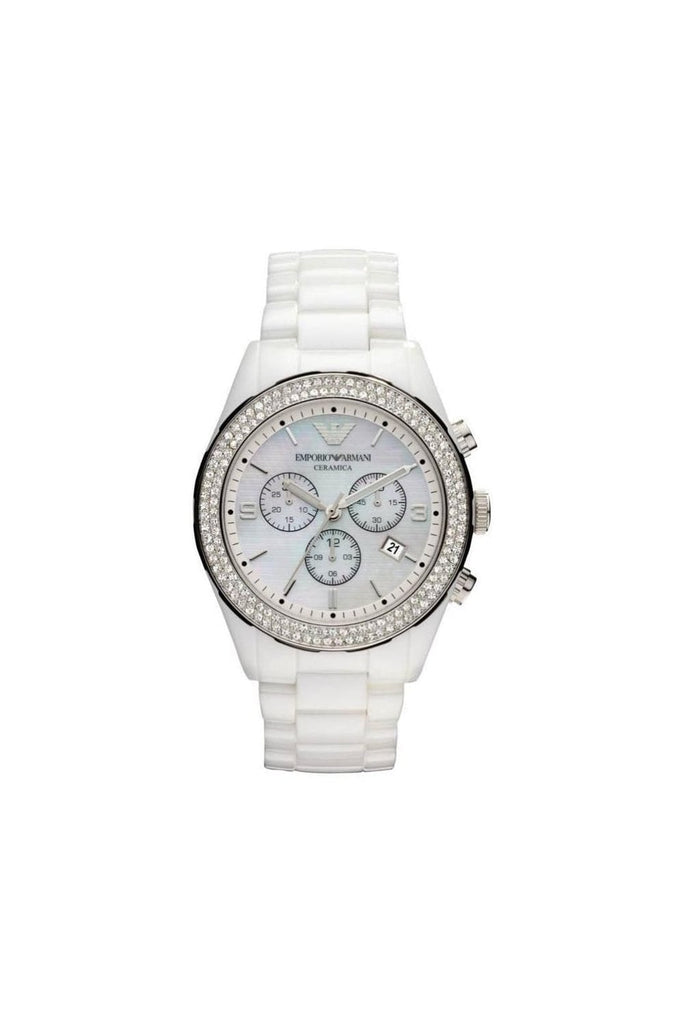 Emporio Armani Ceramica Chronograph White Dial White Ceramic Strap Watch For Women - AR1456