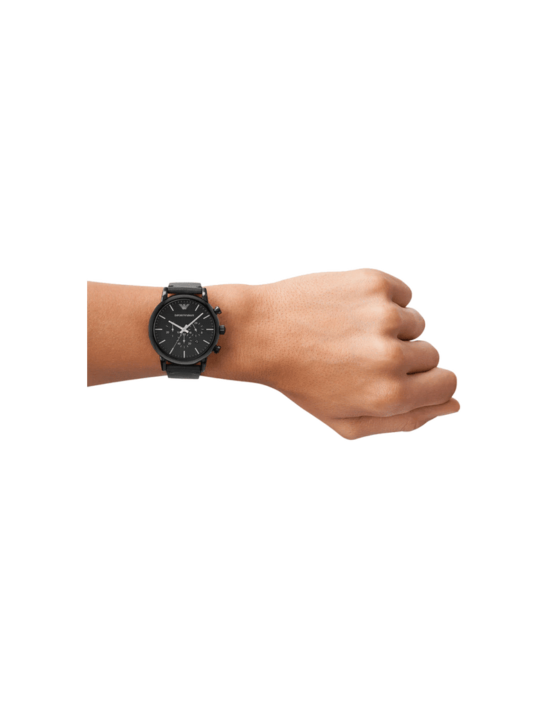 Emporio Armani Dress Chronograph Black Dial Black Leather Strap Watch For Men - AR1918