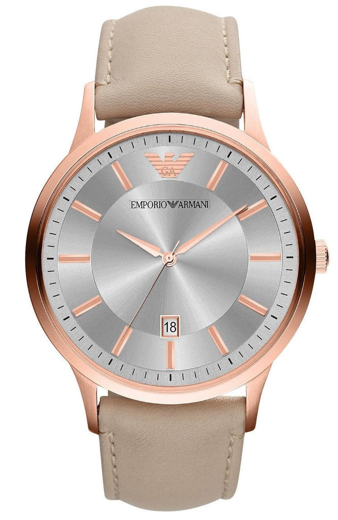 Emporio Armani Classic Quartz Silver Dial Beige Leather Strap Watch For Men - AR2464