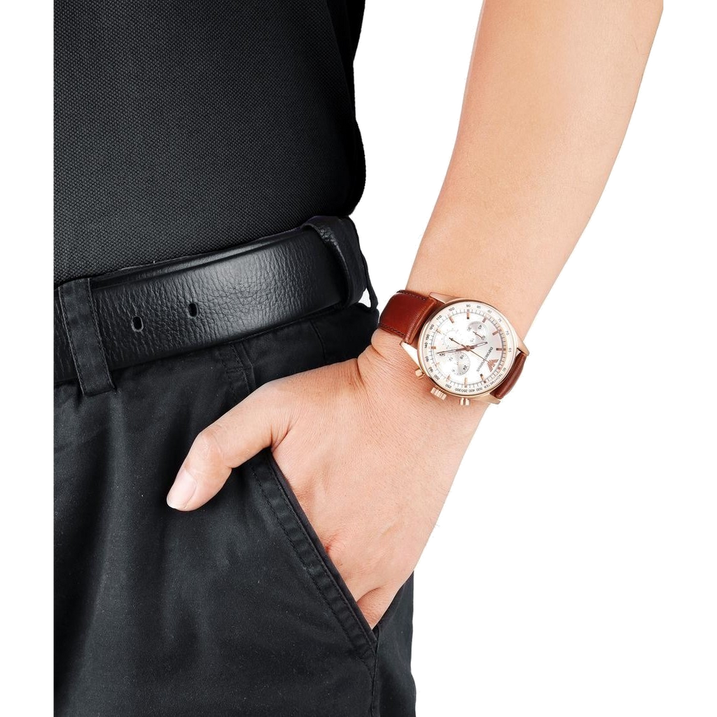 Emporio Armani Sportivo Chronograph White Dial Brown Leather Strap Watch For Men - AR5996
