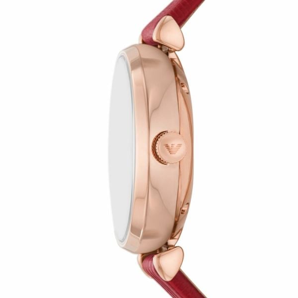 Emporio Armani Gianni T-Bar Mother of Pearl White Dial Red Leather Strap Watch For Women - AR60048
