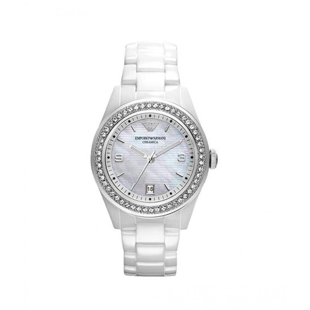 Emporio Armani Ceramica White Mother of Pearl Dial Stainless Steel Strap Watch For Women - AR1426