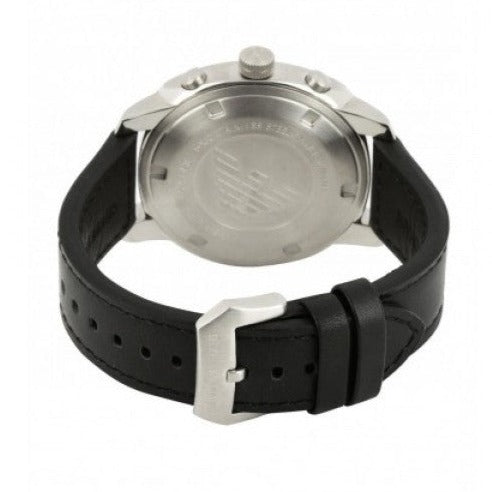 Emporio Armani Sportivo Chronograph Silver Dial Black Leather Strap Watch For Men - AR6054