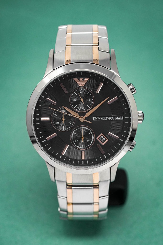 Emporio Armani Renato Chronograph Black Dial Two Tone Steel Strap Watch For Men - AR11165