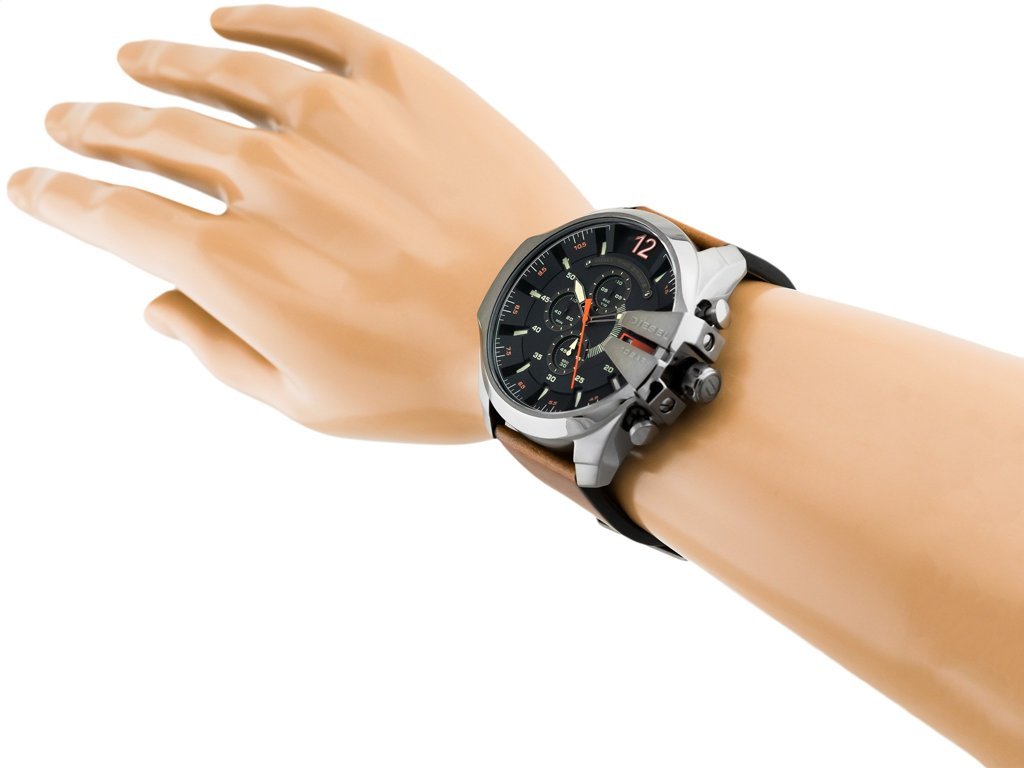 Diesel Mega Chief Chronograph Black Dial Brown Leather Strap Watch For Men - DZ4343