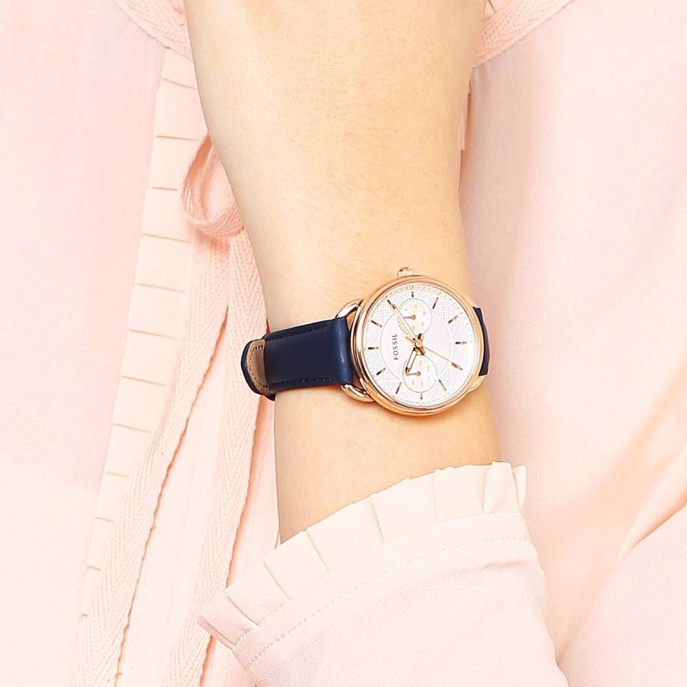 Fossil Tailor White Dial Blue Leather Strap Watch for Women - ES4260