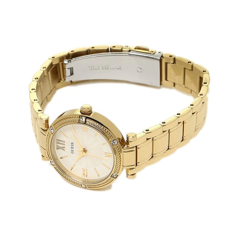 Guess Park Ave South Analog White Dial Gold Steel Strap Watch For Women - W0767L2