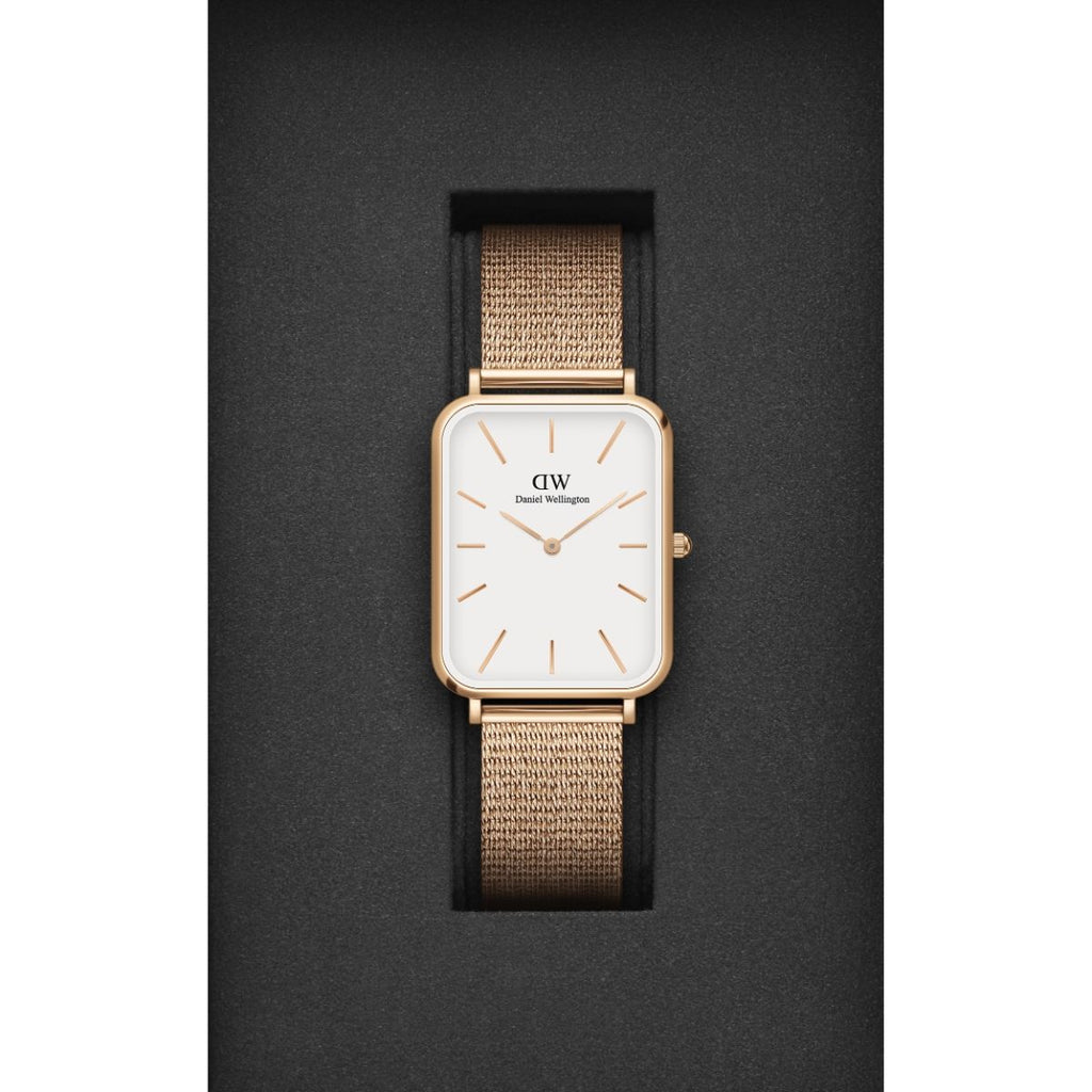 Daniel Wellington Quadro Pressed Melrose White Dial Rose Gold Mesh Strap Watch For Women - DW00100465