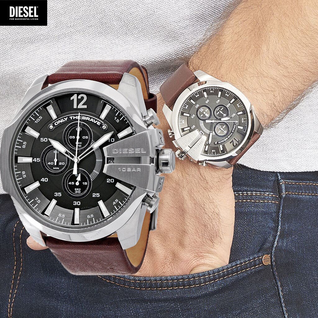 Diesel Mega Chief Chronograph Black Dial Brown Leather Strap Watch For Men - DZ4290