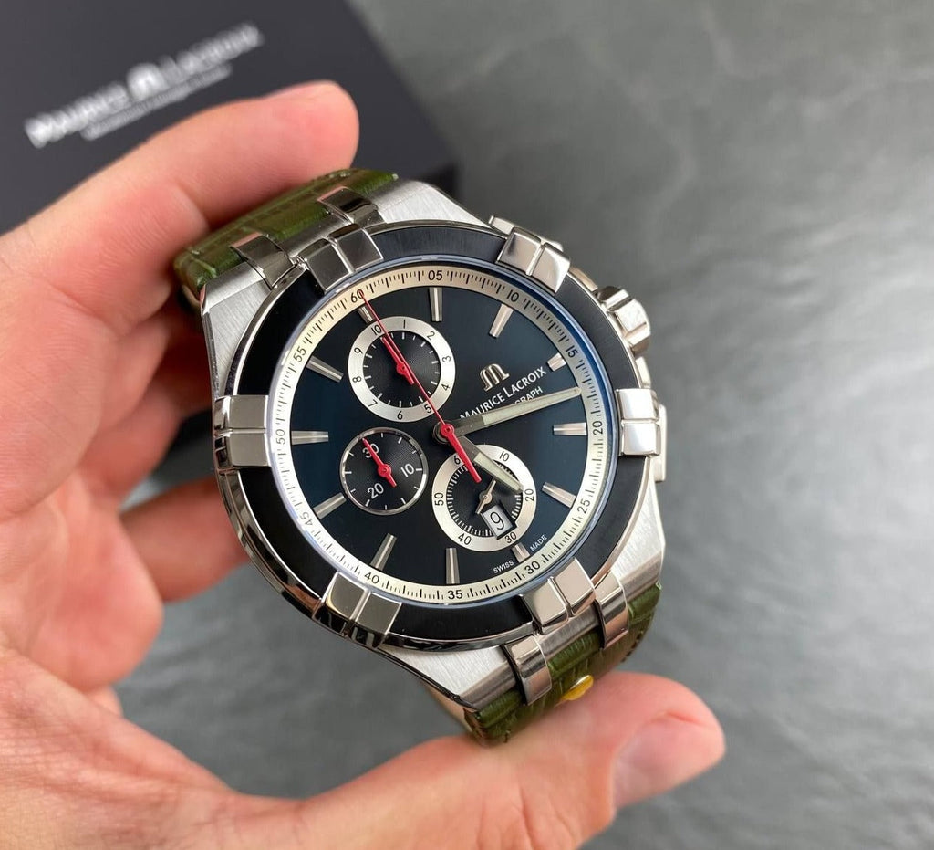 Maurice Lacroix Aikon Chronograph Black Dial Green Leather Strap Watch for Men - AI1018-PVB21-330-1