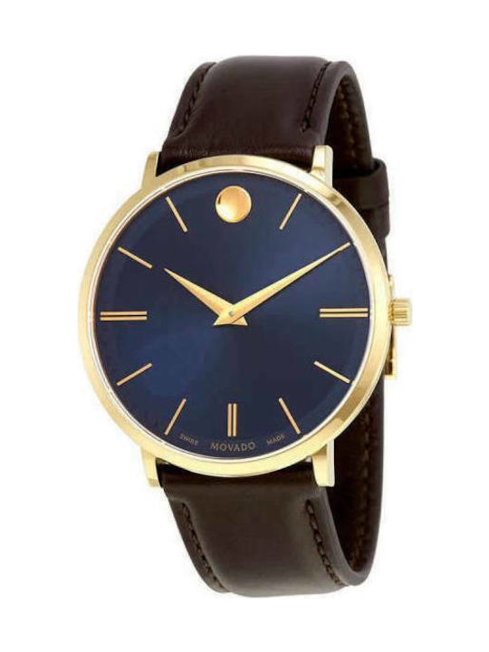 Movado Ultra Slim Blue Dial Brown Leather Strap Watch For Men - 0607088