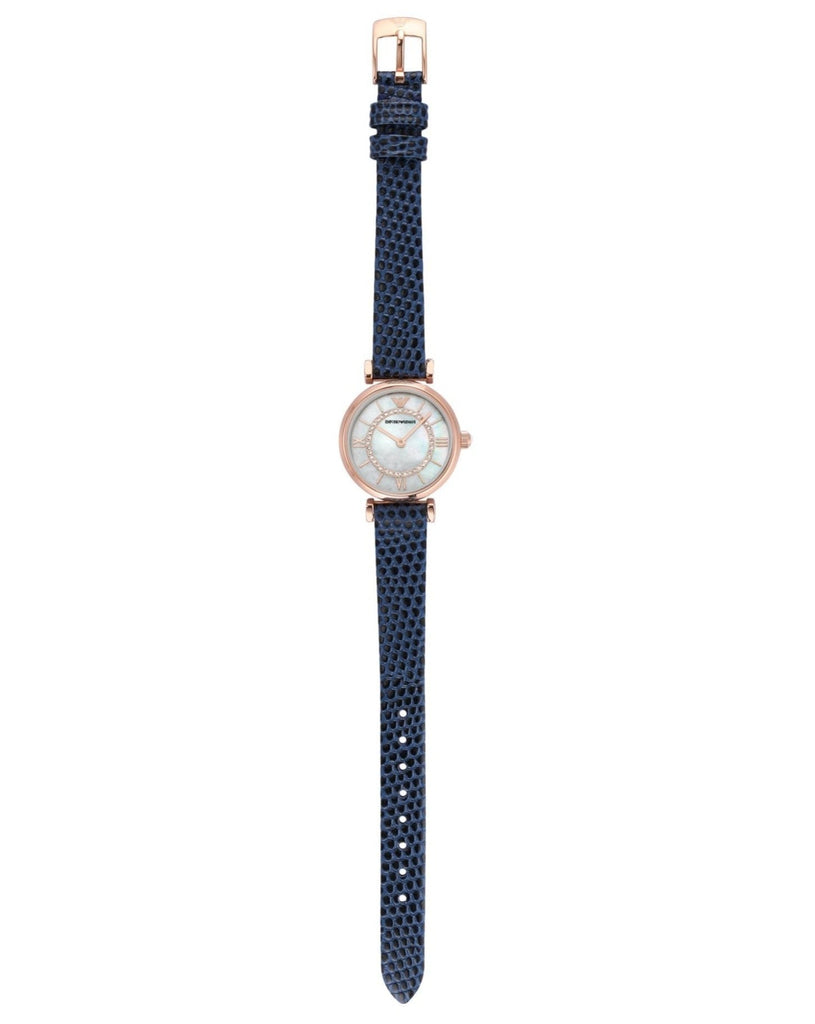 Emporio Armani Gianni T-Bar Analog Mother of Pearl Dial Blue Leather Strap Watch For Women - AR11468