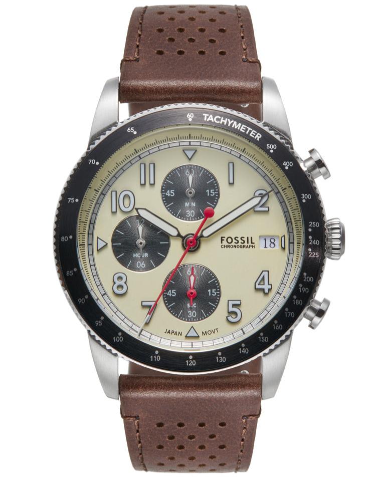 Fossil Sport Tourer Chronograph White Dial Brown Leather Strap Watch for Men - FS6042