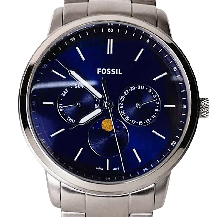 Fossil Neutra Minimalist Moonphase Blue Dial Silver Steel Strap Watch for Men - FS5907