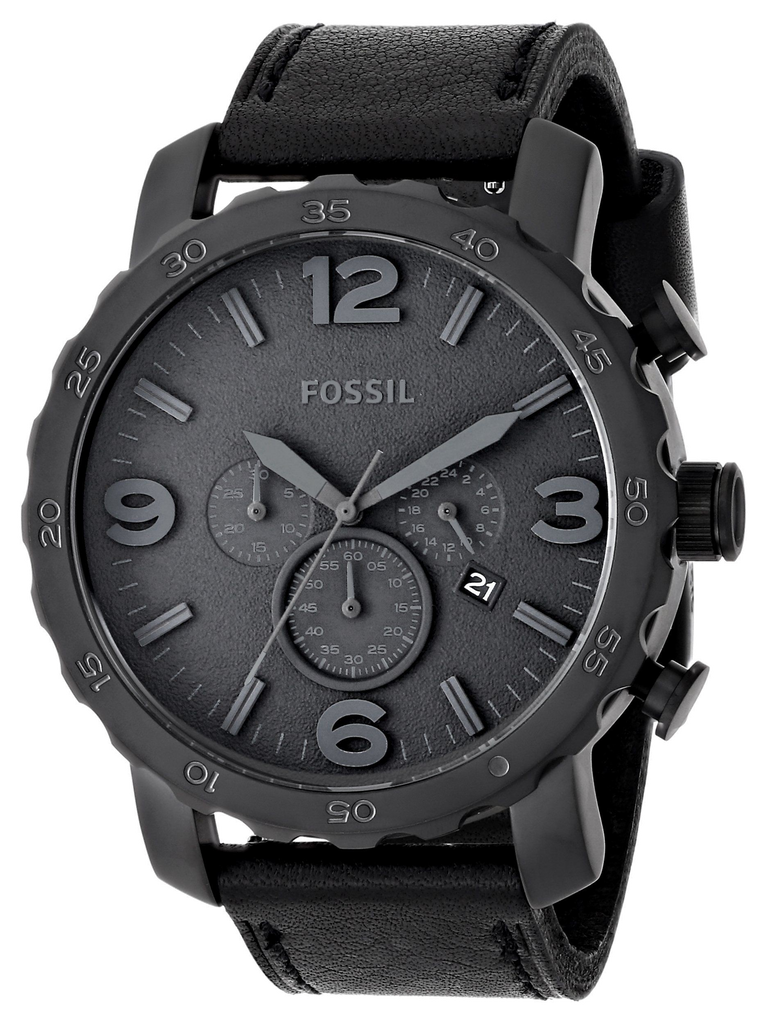 Fossil Nate Chronograph Black Dial Black Leather Strap Watch for Men - JR1354