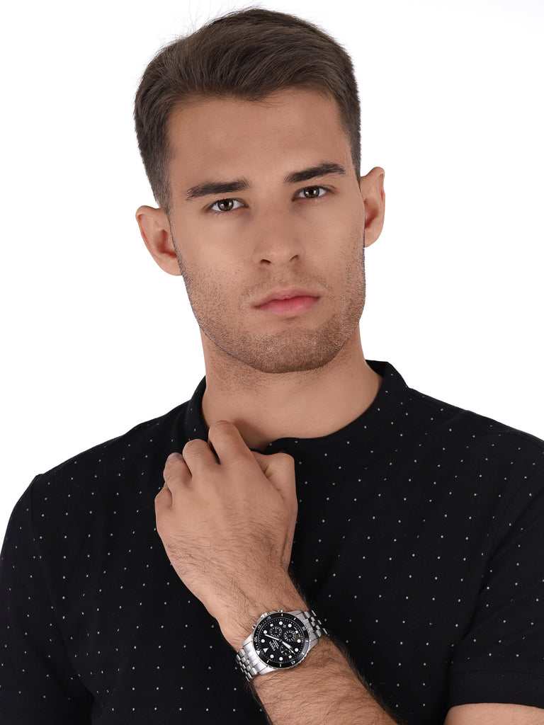 Fossil FS5837 FB-01 Chronograph Men’s Watch – Black Dial with Silver Steel Strap