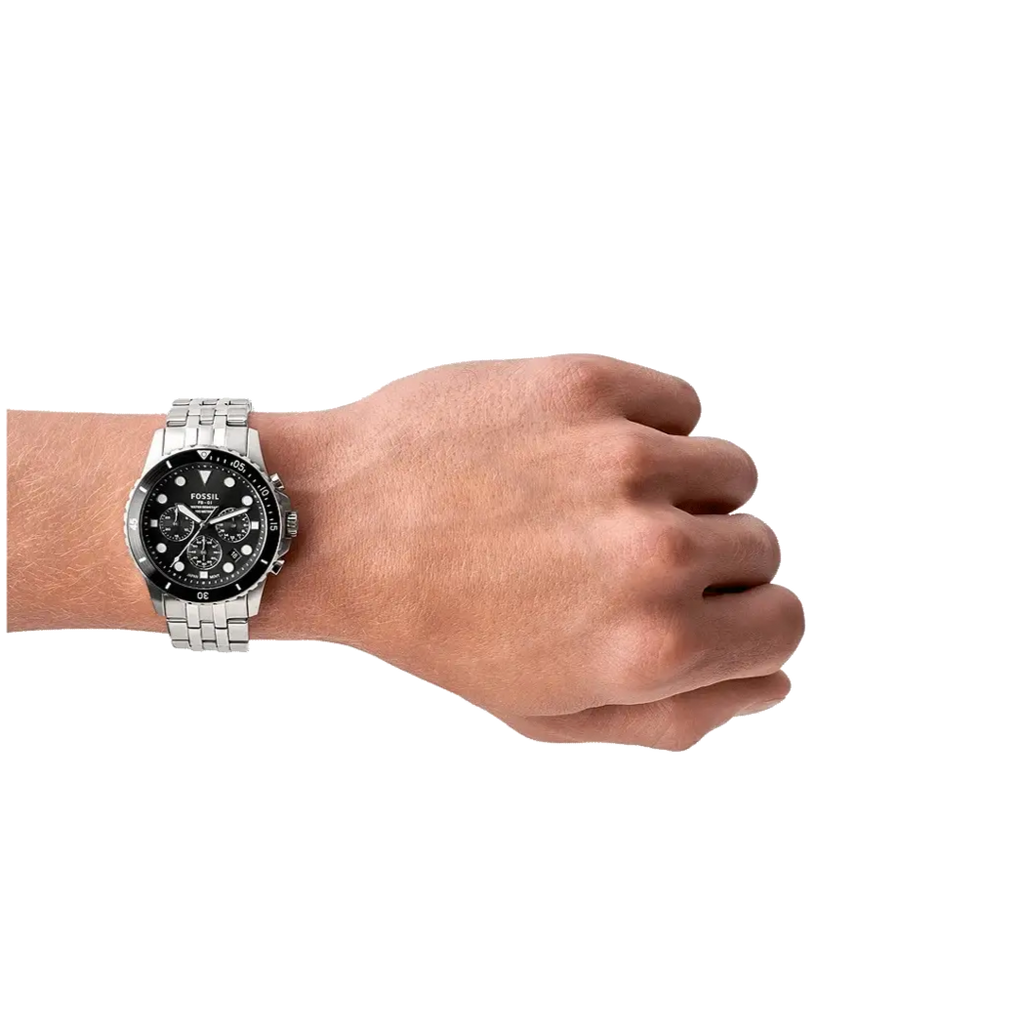 Fossil FS5837 FB-01 Chronograph Men’s Watch – Black Dial with Silver Steel Strap
