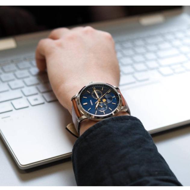 Fossil FS5903 Neutra Minimalist Moonphase Men’s Watch – Blue Dial with Brown Leather Strap