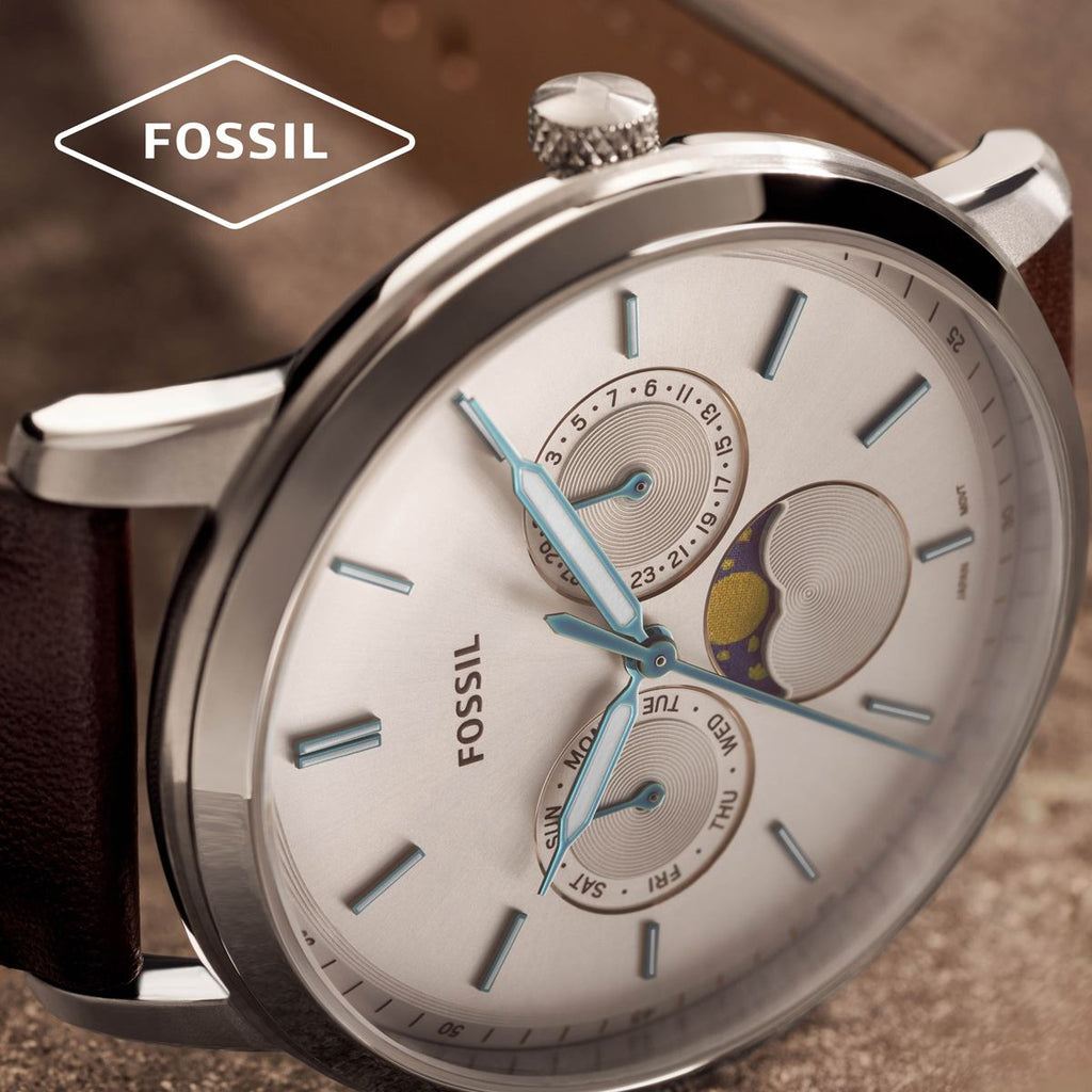 Fossil FS5905 Neutra Minimalist Moonphase Men’s Watch – Silver Dial with Brown Leather Strap