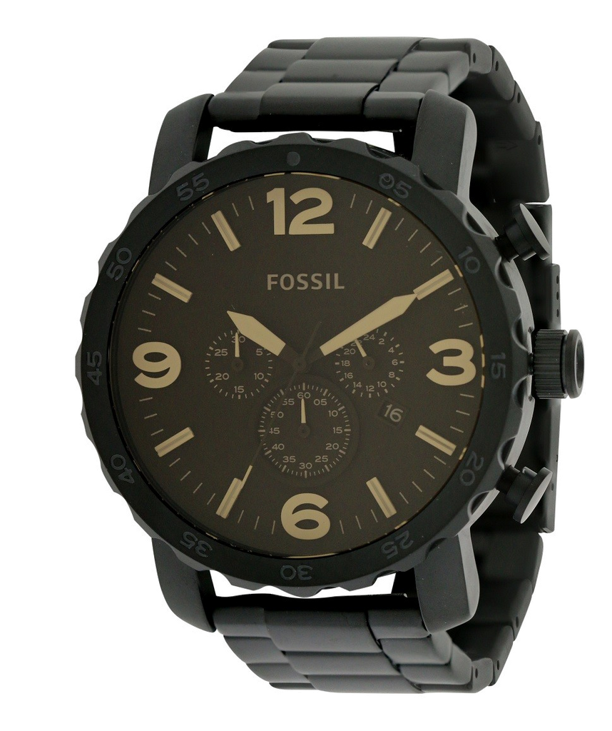 Fossil Nate Chrongraph Ion Plated Black Dial Black Steel Strap Watch for Men - JR1356