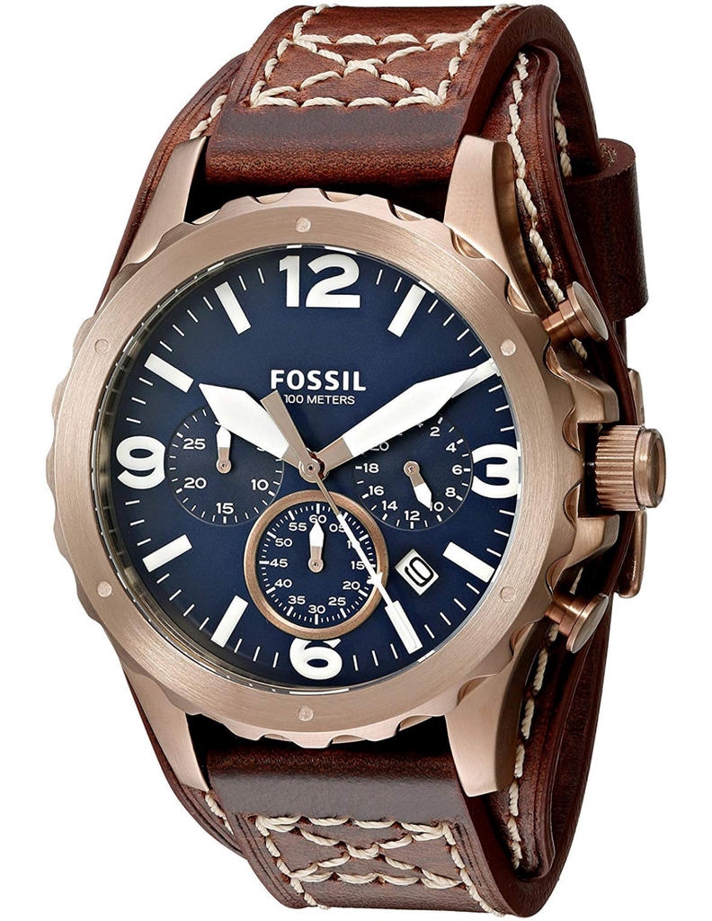 Fossil Nate Chronograph Blue Dial Brown Leather Strap Watch for Men - JR1505